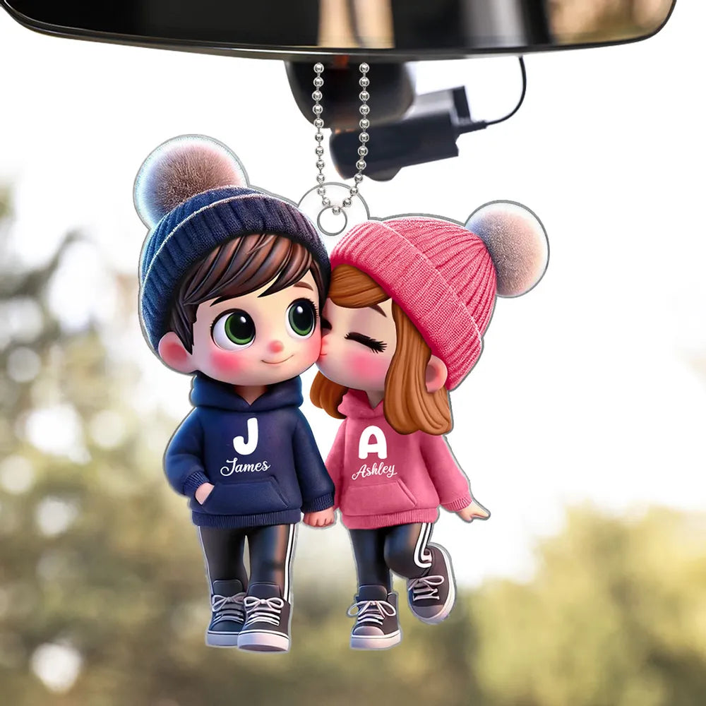 Personalized Acrylic Car Hanger | Cute Couple Kissing Moment Custom Name